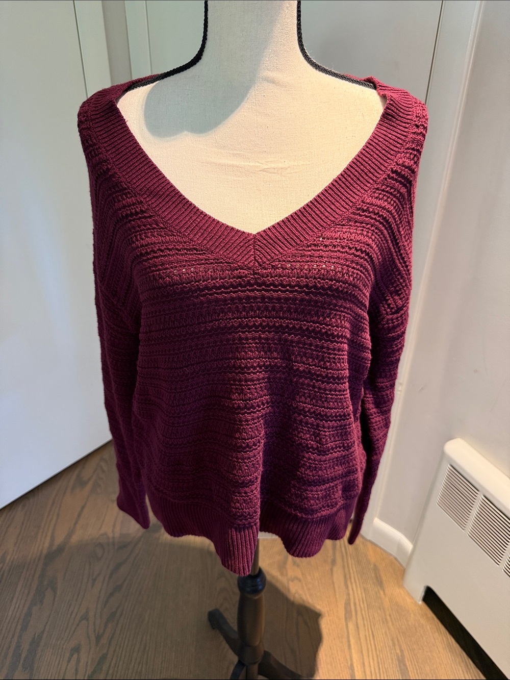 LOFT Wine V-Neck Textured Knit Sweater